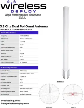 Om-3500-hv-13 Wireless Deploy 3.5 Ghz Dual Polarized Hv Omni Antenna For Cell Tower Installation Cbrs Usa Om-3500-hv-13 Wireless Deploy 3.5 Ghz Dual Polarized Hv Omni Antenna For Cell Tower Installation Cbrs Usa